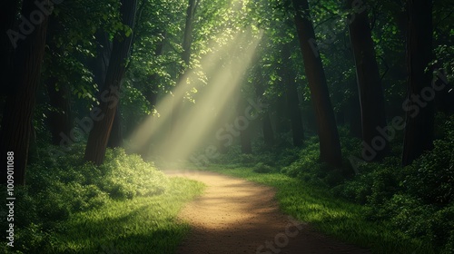 Wallpaper Mural Serene forest path illuminated by sunlight beams Torontodigital.ca