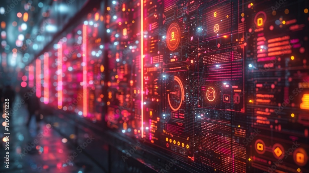 Fototapeta premium Arrange a neon showcase of digital symbols, including shining USB