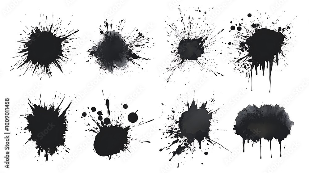 Fototapeta premium Collection of small black ink splats on full white background background