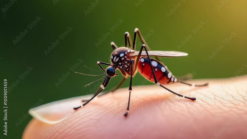 A macro shot captures a vibrant mosquito on a fingertip, showcasing its detailed black and white patterns, piercing eyes, and slender legs against a soft green and gold background. A macro shot captures a vibrant mosquito on a fingertip, showcasing its detailed black and white patterns, piercing eyes, and slender legs against a soft green and gold background.