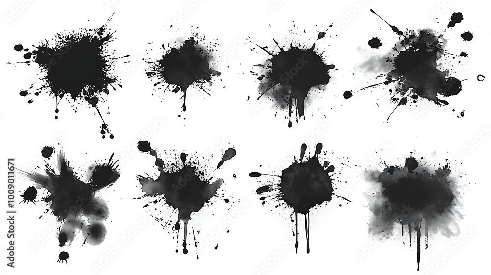 Collection of small black ink splats on full white background background