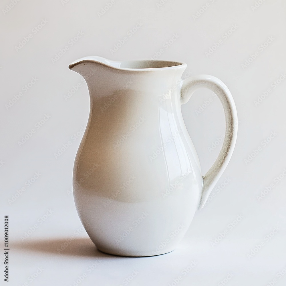 A simple white ceramic pitcher with a smooth surface and elegant shape. A simple white ceramic pitcher with a smooth surface and elegant shape.