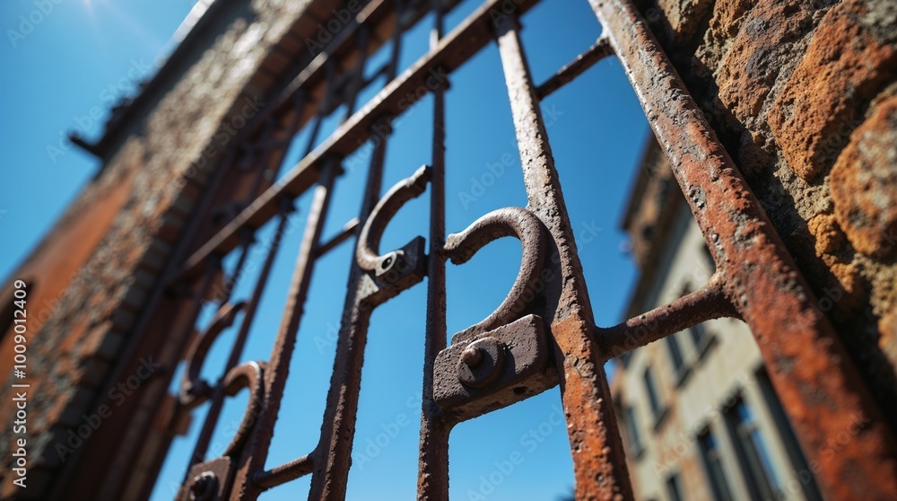 Rusty iron fence captured against a clear blue sky Rusty iron fence captured against a clear blue sky