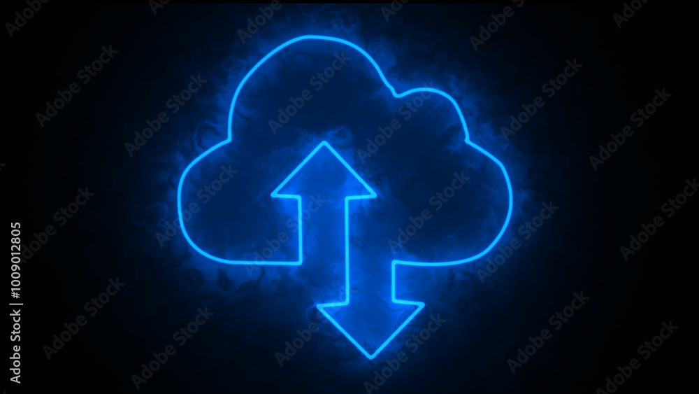 Upload icon symbol, cloud icon and neon line upload arrow icon animation on black background. Upload icon symbol, cloud icon and neon line upload arrow icon animation on black background.