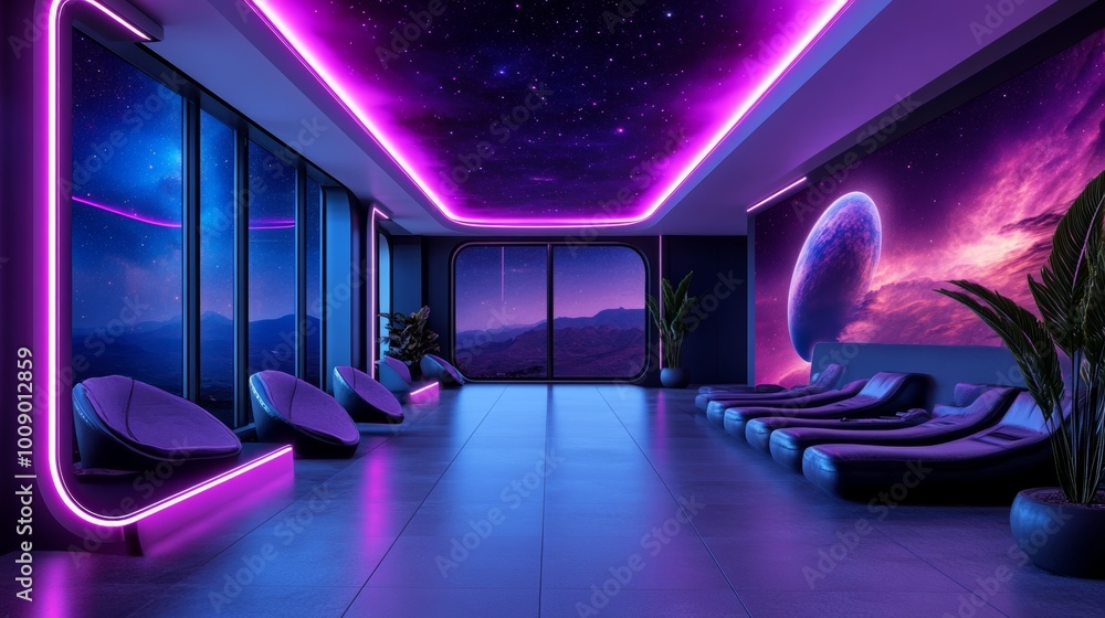 Futuristic Lounge with Purple Neon Lights Starry Sky and Galaxy Wall Art Futuristic Lounge with Purple Neon Lights Starry Sky and Galaxy Wall Art