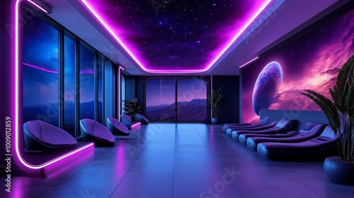 Futuristic Lounge with Purple Neon Lights Starry Sky and Galaxy Wall Art