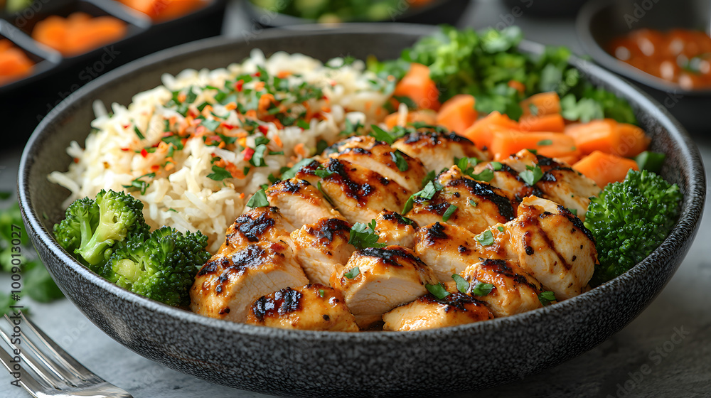 A Bowl of Chicken and Vegetables on a Table with Fork and Knife, Capturing a Fresh and Healthy Meal in a Homestyle Setting, Perfect for Promoting Nutritious Food, Home-cooked Recipes, and Balanced Die A Bowl of Chicken and Vegetables on a Table with Fork and Knife, Capturing a Fresh and Healthy Meal in a Homestyle Setting, Perfect for Promoting Nutritious Food, Home-cooked Recipes, and Balanced Die