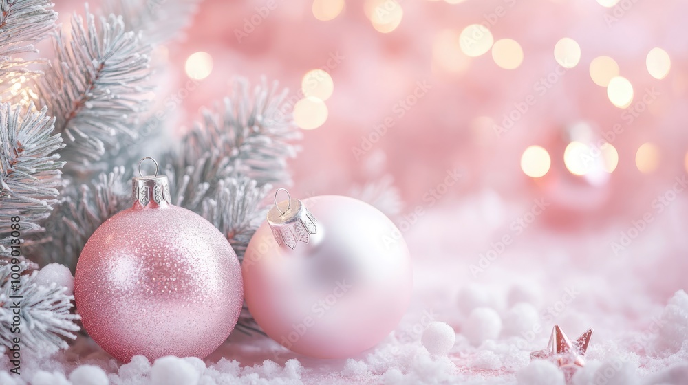 Obraz premium Pastel color Christmas composition with a border design for product presentation. Christmas background. Classic Christmas composition with fir branches, baubles, gifts box.