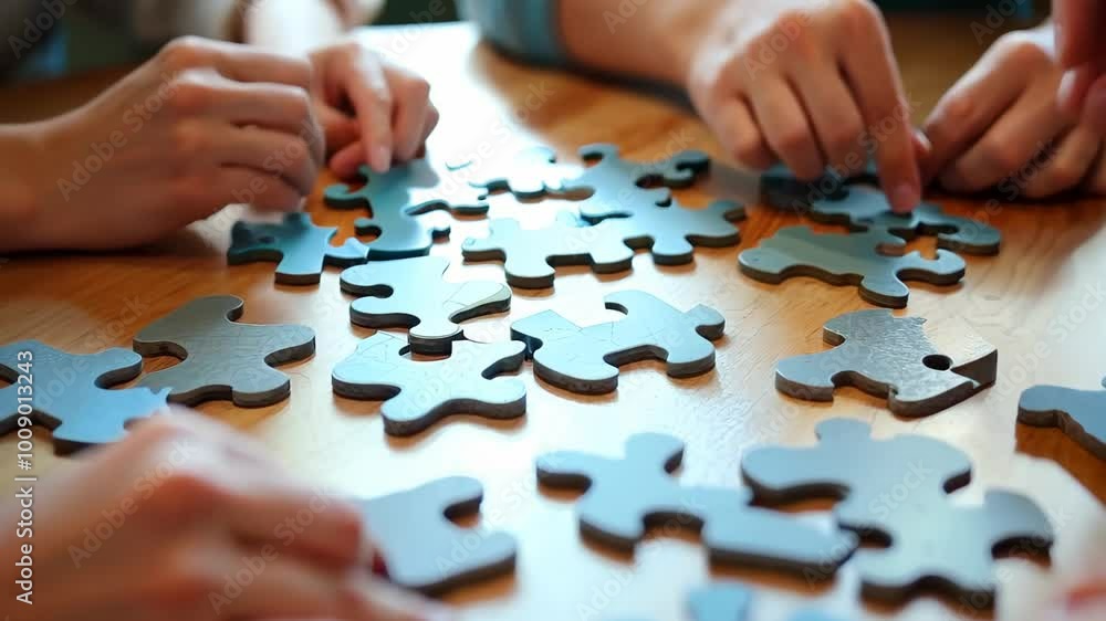 Hands come together to assemble a jigsaw puzzle on a wooden table, illustrating teamwork and leisure as pieces scatter around, with a softly blurred background. Hands come together to assemble a jigsaw puzzle on a wooden table, illustrating teamwork and leisure as pieces scatter around, with a softly blurred background.