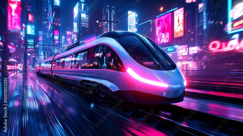 Fototapeta premium Futuristic High Speed Train in Neon Cityscape