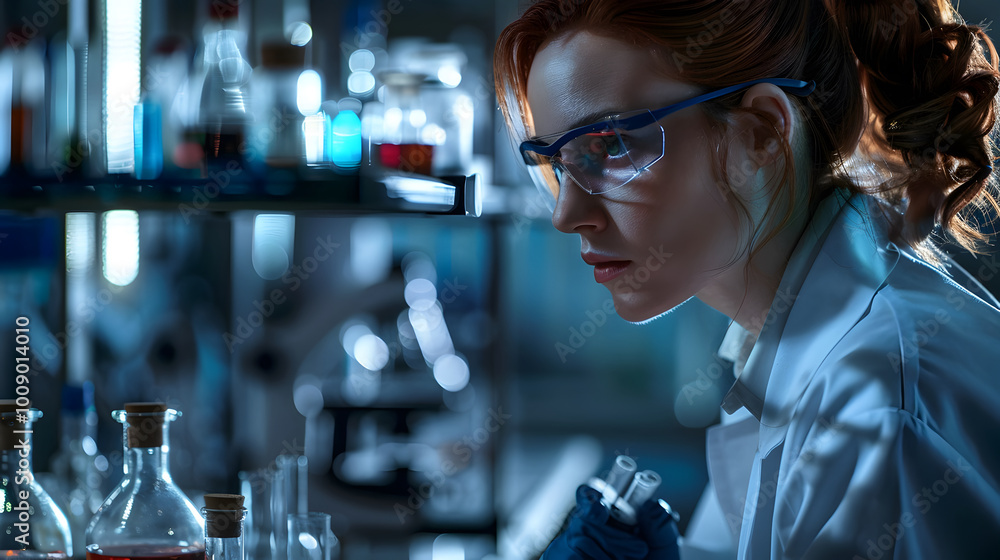 female chemist 40s analytical in a lab with chemical compounds and scientific equipment female chemist 40s analytical in a lab with chemical compounds and scientific equipment