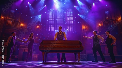 A group of men in suits stand in front of a grand piano on a stage with purple lights. photo