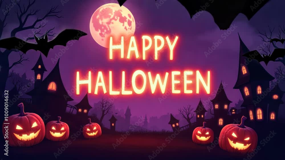 Capture the spooky essence of Halloween with a vibrant illustration featuring a full moon, jagged trees, whimsical haunted houses, and glowing jack-o'-lanterns, all set against a dark purple sky. Capture the spooky essence of Halloween with a vibrant illustration featuring a full moon, jagged trees, whimsical haunted houses, and glowing jack-o'-lanterns, all set against a dark purple sky.