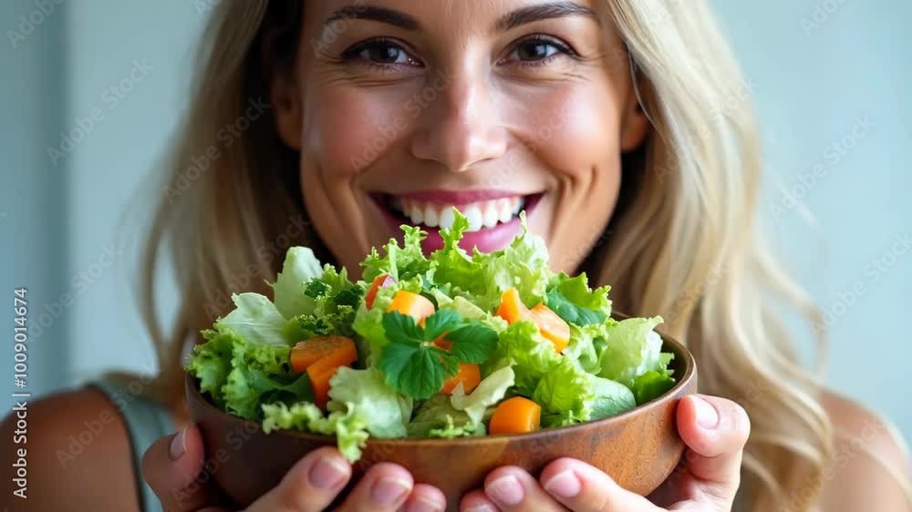 A cheerful woman holds a wooden bowl of fresh salad, filled with crisp lettuce, carrots, and herbs. Her warm smile and relaxed pose promote health and wellness in a vibrant atmosphere. A cheerful woman holds a wooden bowl of fresh salad, filled with crisp lettuce, carrots, and herbs. Her warm smile and relaxed pose promote health and wellness in a vibrant atmosphere.