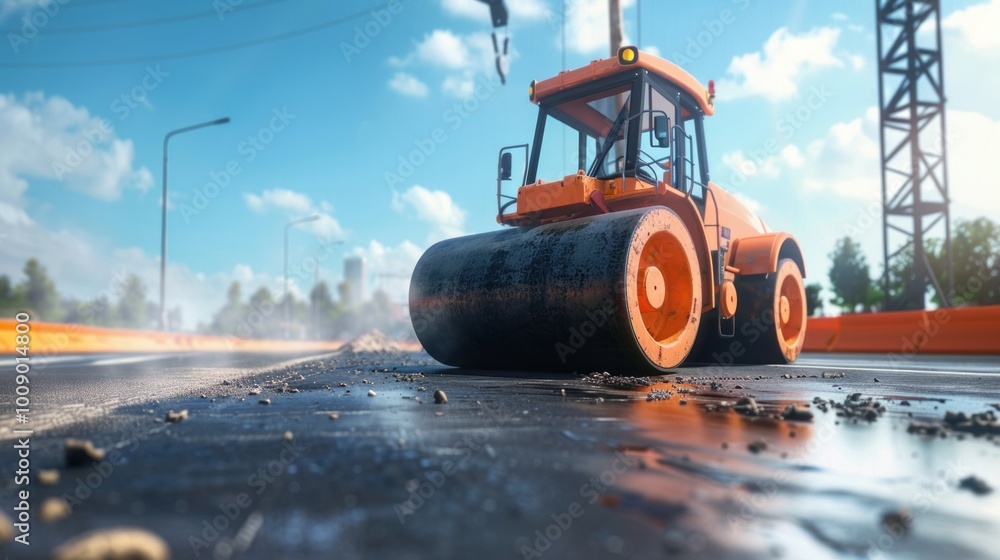 A construction vehicle is rolling a piece of asphalt A construction vehicle is rolling a piece of asphalt