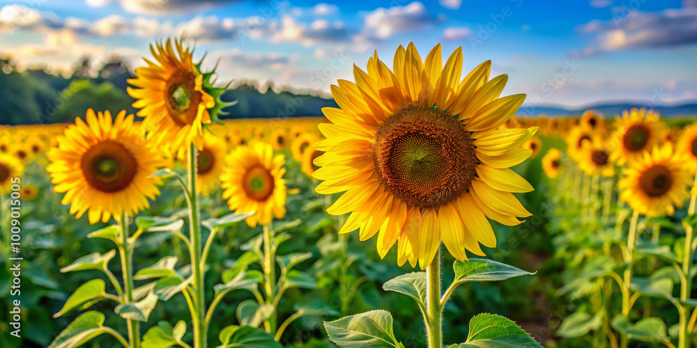 Sunflowers sway gently in breeze, showcasing their tall, statuesque forms against vibrant sky. golden petals and rich green leaves create stunning landscape Sunflowers sway gently in breeze, showcasing their tall, statuesque forms against vibrant sky. golden petals and rich green leaves create stunning landscape