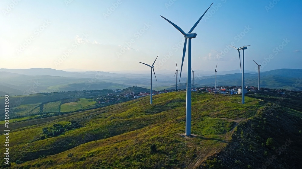 Side view of a wind farm with multiple wind turbines on a hill, overlooking a small town and farmland, emphasizing renewable energy infrastructure. Side view of a wind farm with multiple wind turbines on a hill, overlooking a small town and farmland, emphasizing renewable energy infrastructure.