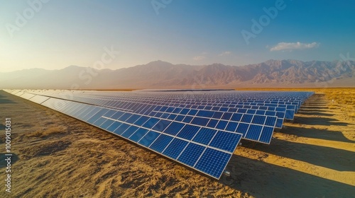 Side view of a solar power plant with rows of solar panels, set against a desert landscape with mountains in the distance, highlighting renewable energy in diverse environments. photo