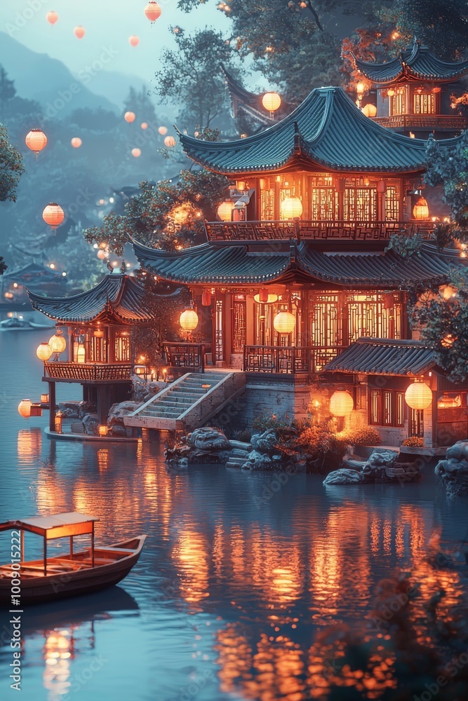 Fototapeta premium 3D isometric icon ,(A Chinese building stands by the lake,A wooden boat on the lake, night,dark night,sky lanterns in the sky),Front view, head-up view,Diorama,minimalist style, simple and clean light