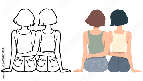 Girl Friends Sitting Together Illustration.