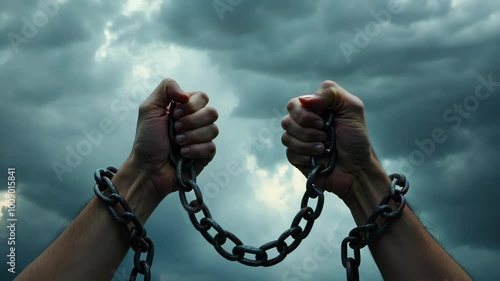 A dramatic image of two hands breaking free from chains against a stormy sky, symbolizing themes of freedom, resilience, and overcoming adversity. Perfect for motivational and social justice content.