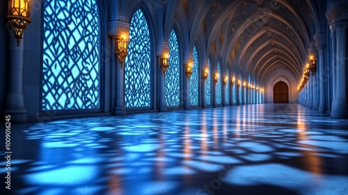 Blue Hallway with Ornate Windows and Lantern Lights