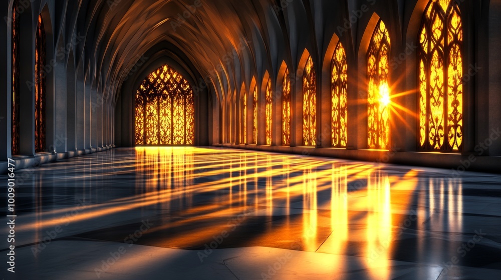 Sunbeams Through Gothic Arch Windows In Empty Hallway Sunbeams Through Gothic Arch Windows In Empty Hallway