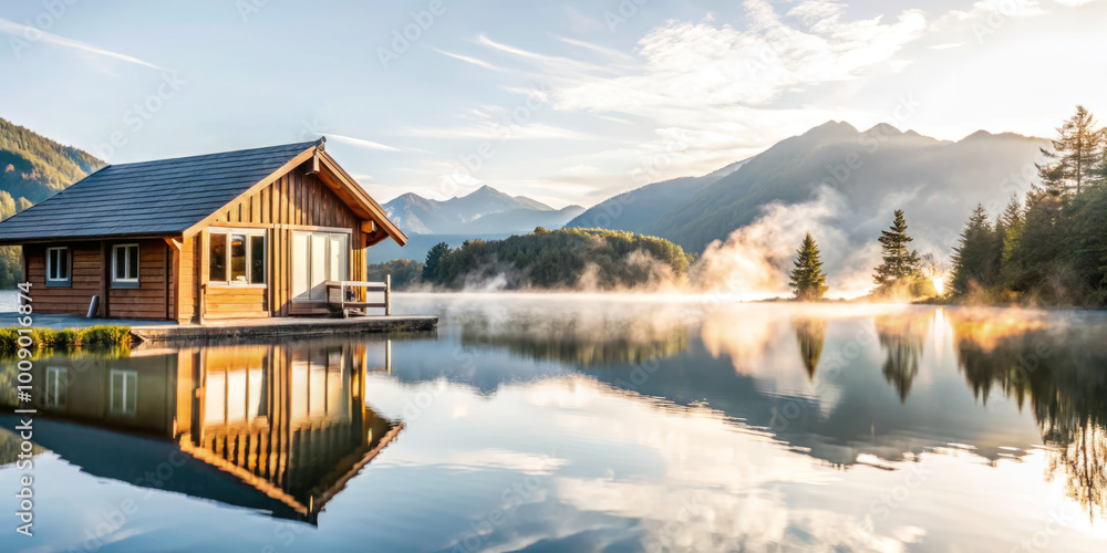 serene cabin reflects beautifully on tranquil lake during golden hour, surrounded by misty mountains and lush trees. This peaceful evening scene evokes sense of calm and connection with nature serene cabin reflects beautifully on tranquil lake during golden hour, surrounded by misty mountains and lush trees. This peaceful evening scene evokes sense of calm and connection with nature
