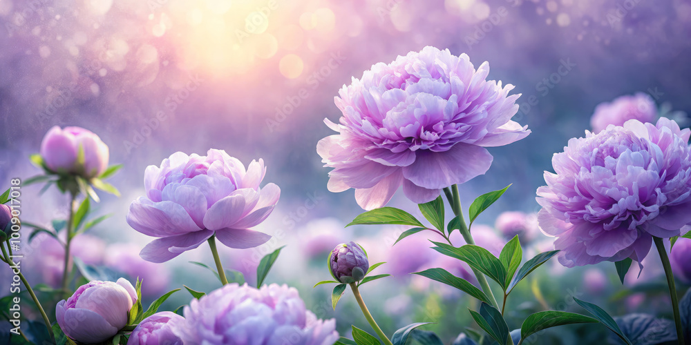Fototapeta premium Ethereal peony blooms in soft lavender hues, wafting gently in dreamy garden setting, creating serene and enchanting atmosphere
