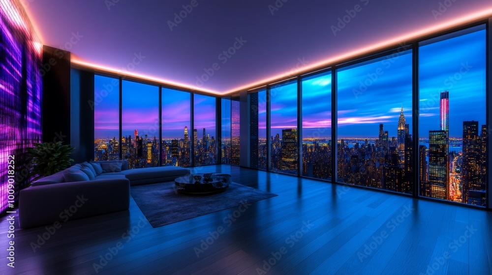 Modern Luxury Apartment with City Skyline View at Night Modern Luxury Apartment with City Skyline View at Night