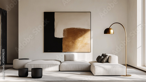 Spacious minimalist living room with a black and gold floor lamp next to a light grey modular sofa. A large abstract painting on the wall adds an artistic touch to the clean, uncluttered space