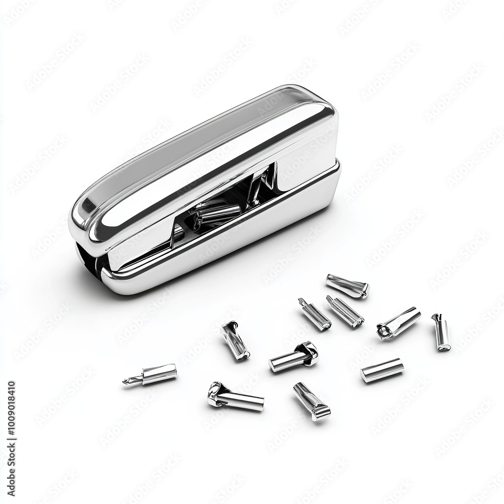 A chrome stapler with several metal staples beside it, used for binding papers together. A chrome stapler with several metal staples beside it, used for binding papers together.