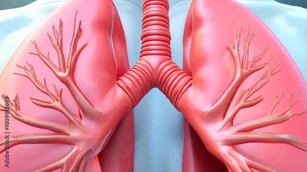 3D medical illustration of human lungs and respiratory system, showing ...