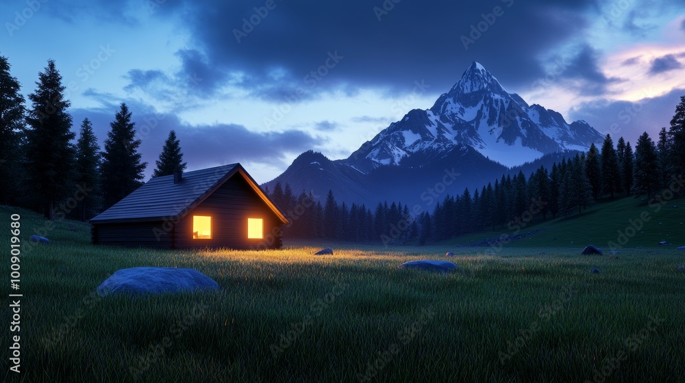 Cozy Cabin in Mountain Valley at Twilight Cozy Cabin in Mountain Valley at Twilight