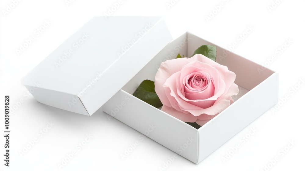 Open white box with a delicate pink rose inside, isolated on white background Open white box with a delicate pink rose inside, isolated on white background