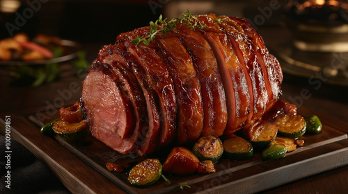 Wallpaper Mural Glazed holiday ham served with roasted potatoes on wooden platter Torontodigital.ca