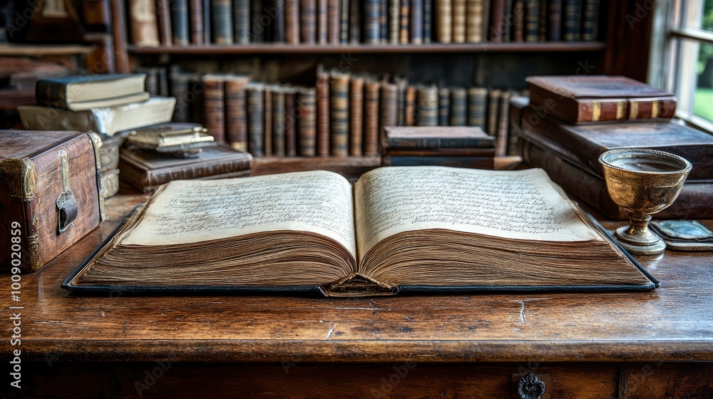 Open Antique Book on Wooden Table with Bookshelf in Background Open Antique Book on Wooden Table with Bookshelf in Background