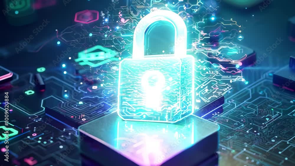A futuristic digital rendering of a glowing padlock symbolizes cybersecurity and data protection, set against an abstract backdrop of circuitry and neon lights. A futuristic digital rendering of a glowing padlock symbolizes cybersecurity and data protection, set against an abstract backdrop of circuitry and neon lights.