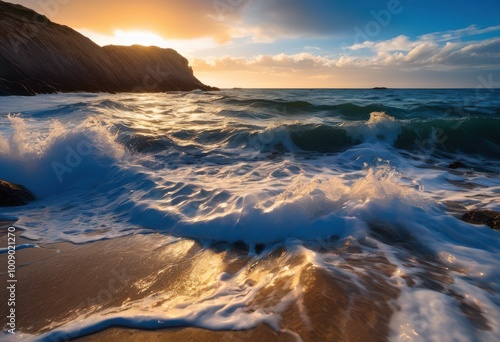 waves dazzling display coastal textures vivid colors captured breathtaking scenery, beach, ocean, water, sea, shore, surf, foam, rock, shoreline, horizon