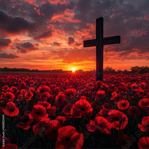 A sunset casts a warm glow over a field of red poppies, with a prominent black cross silhouetted against the vibrant sky. photo