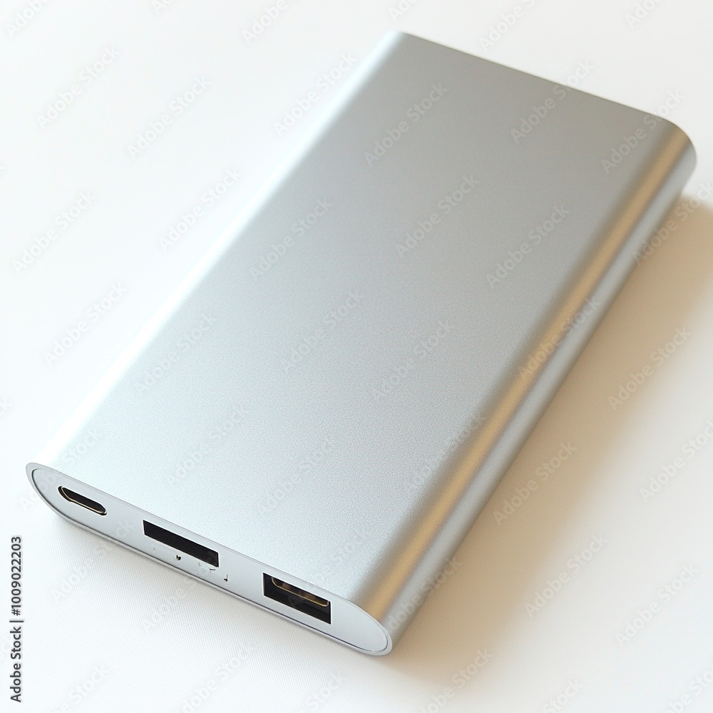 A sleek silver power bank with multiple charging ports for portable device power. A sleek silver power bank with multiple charging ports for portable device power.