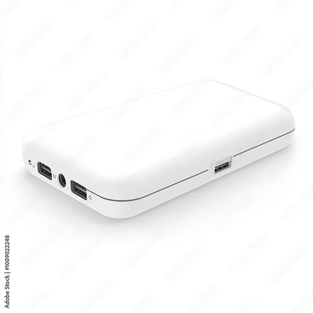 A white portable power bank with multiple charging ports for electronic devices. A white portable power bank with multiple charging ports for electronic devices.