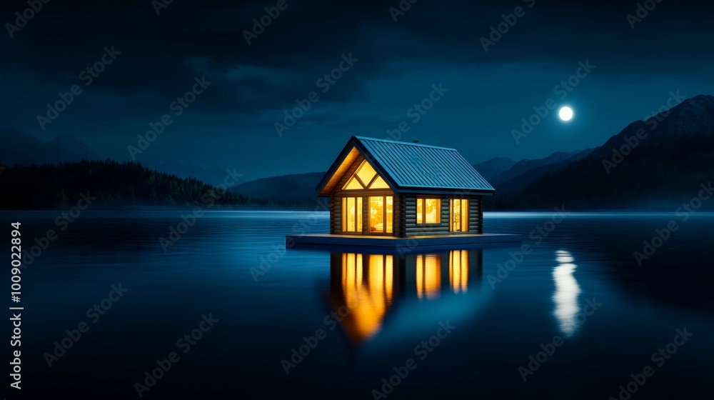 Cozy Cabin on Still Lake with Moonlit Mountains Cozy Cabin on Still Lake with Moonlit Mountains