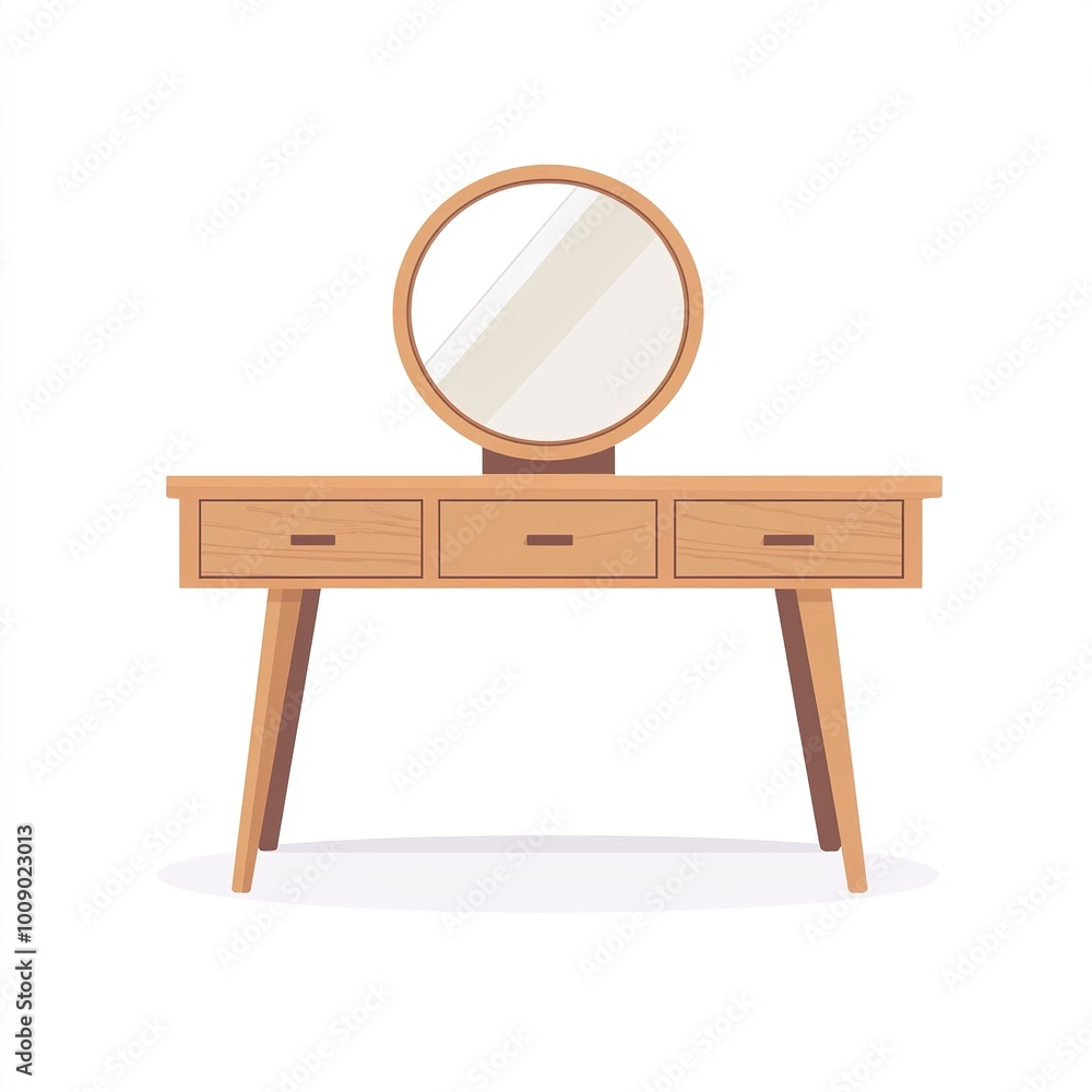 A minimalist wooden vanity with a round mirror and three drawers for storage. A minimalist wooden vanity with a round mirror and three drawers for storage.