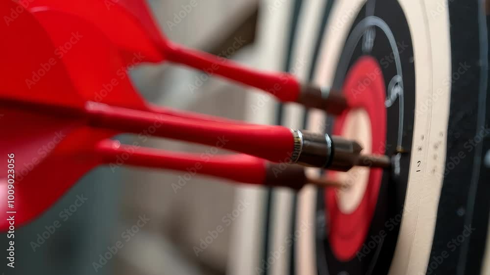 A close-up of three vibrant red darts in a wooden dartboard, showcasing precision and skill. classic black and white design highlights focus, competition, and achievement. Perfect for sports content. A close-up of three vibrant red darts in a wooden dartboard, showcasing precision and skill. classic black and white design highlights focus, competition, and achievement. Perfect for sports content.