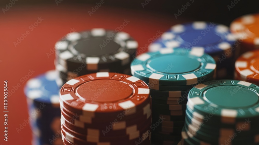 Stacks of Poker Chips in Close-Up View. A detailed close-up of colorful stacks of poker chips, capturing the essence of gambling and the excitement of the casino atmosphere. Stacks of Poker Chips in Close-Up View. A detailed close-up of colorful stacks of poker chips, capturing the essence of gambling and the excitement of the casino atmosphere.