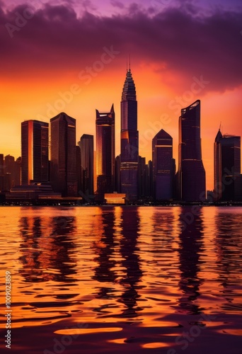 captivating sunset over vibrant city skyline luminous reflections water, lights, colors, buildings, horizon, cityscape, architecture, urban, silhouette