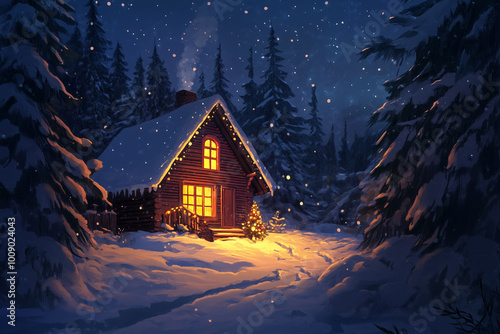 Christmas cabin in the snow, warm lights.