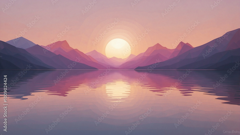 Low-Poly Mountain Landscape with Sunset Reflection in Calm Water Low-Poly Mountain Landscape with Sunset Reflection in Calm Water