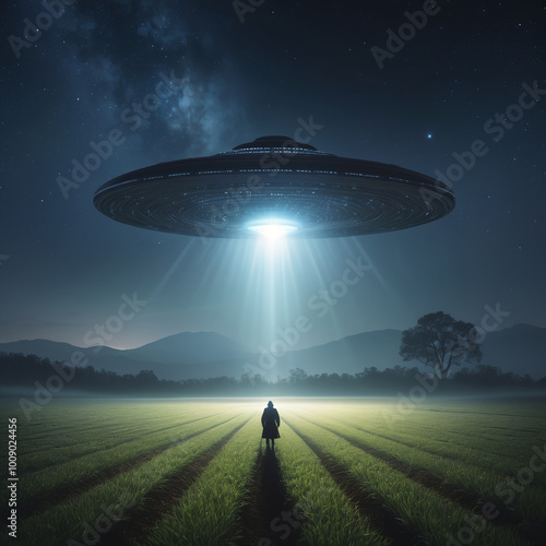 Flying UFO spaceship abduct man at night photo